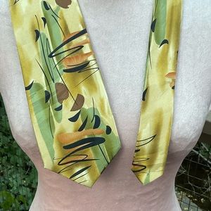 J. Garcia gold green black brown Sea Anemone abstract art silk tie 58” x 4”